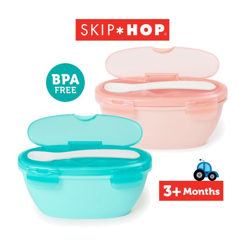 Skip Hop Easy Serve Travel Bowl & Spoon Mangkok Plus Sendok - Teal / Coral