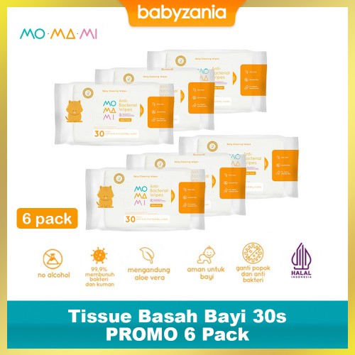 Momami Baby Anti Bacterial Wipes Tissue Basah Bayi 30s - 6 Pack