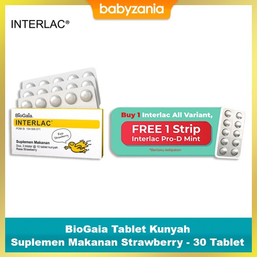 Interlac BioGaia Tablet Kunyah Suplemen Makanan 30 tablet- Strawberry