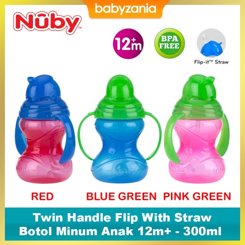 Nuby Twin Handle Flip With Straw Botol Minum Anak 12m+ 300 ml - Pink Green / Blue Green / Red