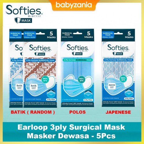Softies Earloop 3ply Surgical Mask Masker Dewasa - 5 Pcs