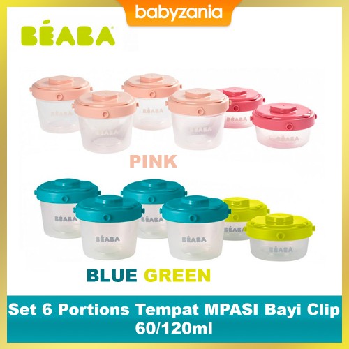 Beaba Set 6 Portions Tempat MPASI Bayi Clip - 60/120ml - Blue - Green