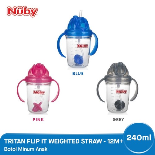 Nuby Tritan Flip It Weighted Straw Botol Minum Anak 12m+ 240 ml - Pink / Blue / Grey