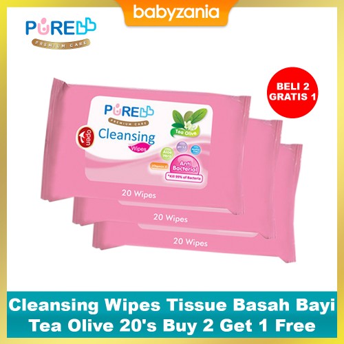 Pure BB Baby Cleansing Wipes Tissue Basah Tea Olive 20's - Buy 2 Get 1 FREE