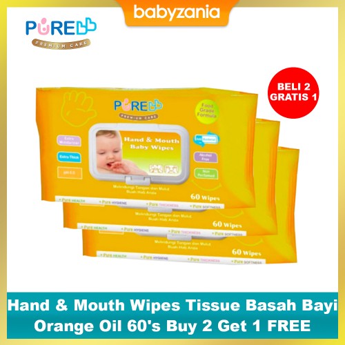 Pure Baby Hand & Mouth Wipes 60's Orange Oil Buy 2 Get 1 FREE